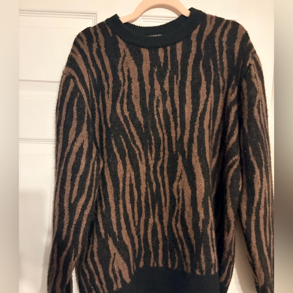 H&M Brown and Black Zebra-Stripe Crewneck Sweater